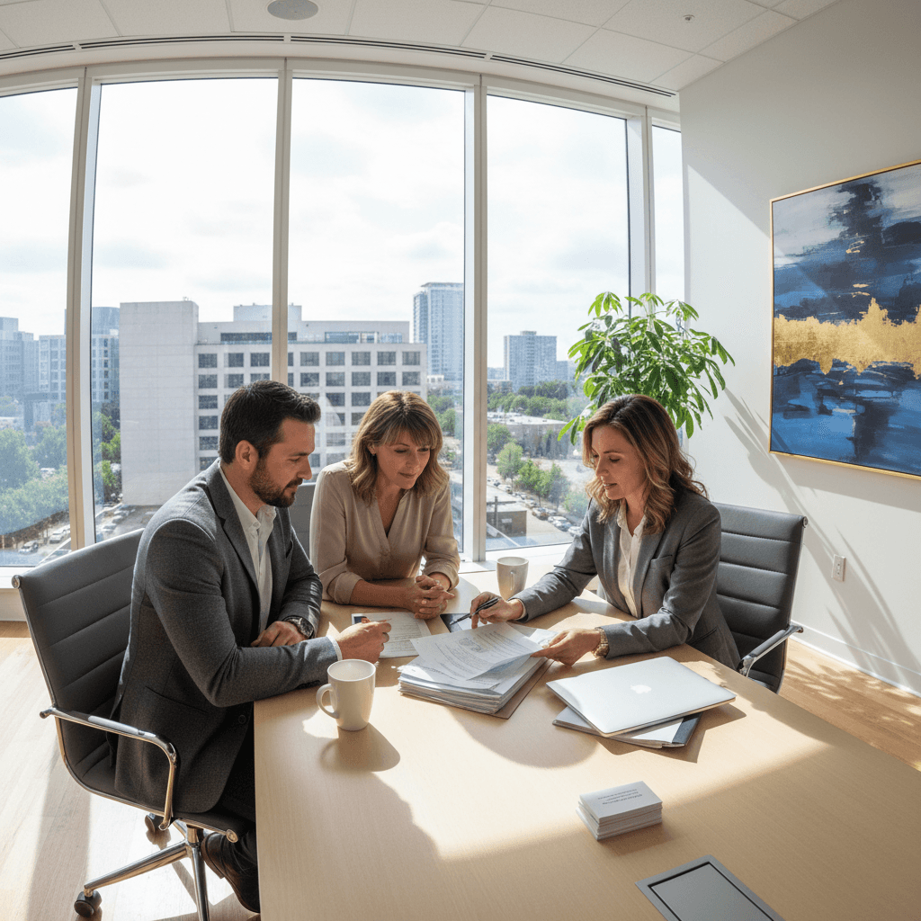 Professional loan officer reviewing documents with client at bright modern office desk
